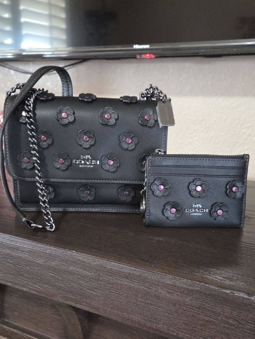 Coach Klare Black Leather Floral Embellished Crossbody with Card Case